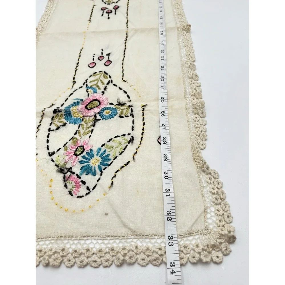 Vintage Hand Embroidered Table Runner Crochet Lace Trim Floral 34x13 Read##